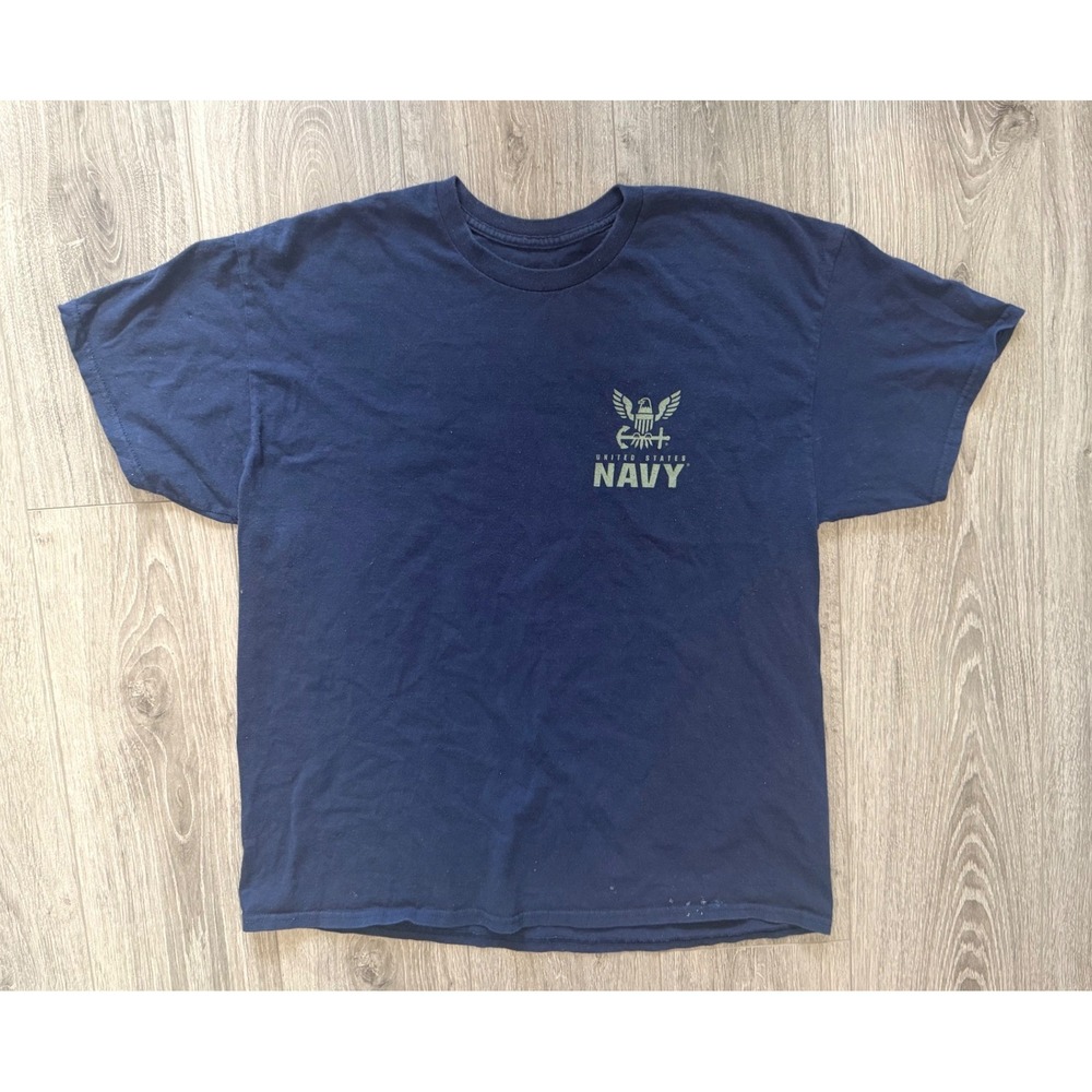 US Navy Graphic T-Shirt XL Navy Blue Anchors Aweigh Military Camo Logo Casual